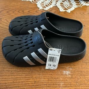 Adidas Adilette clogs, black & silver. Perfect condition. NWT